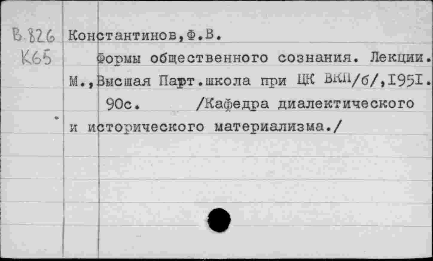 ﻿ци	Констант ино в, Ф. В.
	Формы общественного сознания. Лекции.
	М.,Высшая Парт.школа при ЦК ВШ1/6/,1951.
	90с.	/Кафедра диалектического
	и исторического материализма./